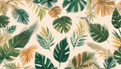 Fototapeta premium Beautiful Collection of Tropical Leaves Arranged on a Soft Beige Background Showcasing Diverse Foliage 