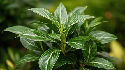Close-up of variegated plant leaves in a garden setting