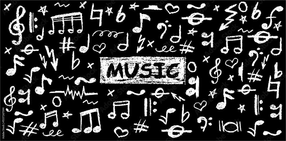 Poster handwritten pop vector background with charcoal scribble music icons. playful and dynamic style perf