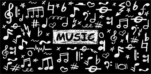 Handwritten pop vector background with charcoal scribble music icons. Playful and dynamic style perfect for school music-themed graphics. Cute childish music kindergarten white pastel wax pencil signs
