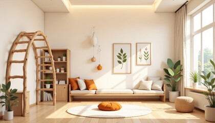 Bright sunlit kids playroom home design with wooden floor, white sofa, orange cushions, potted plants. Concept of kids playroom home design highlights cozy interior atmosphere.