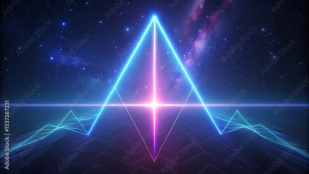 Poster glowing triangle waveform structure on cosmic background symbolizing signal transformation, frequenc