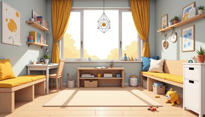 Bright children's room with light blue walls, wooden flooring, yellow curtains, cozy seating. Concept of kids playroom home design, inviting interior, promotes creativity and play. 