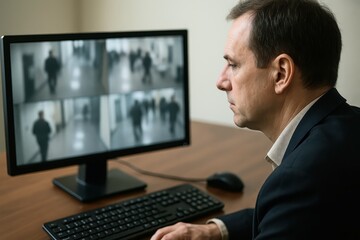 Security guard monitoring cctv cameras on multiple screens