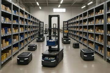 Automated Guided Vehicles transporting goods in modern warehouse