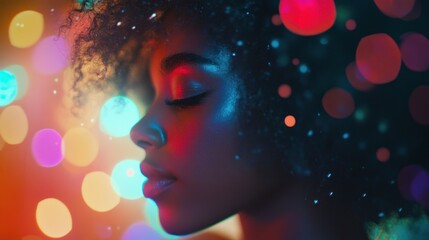 Close-up profile of a woman with colorful bokeh background, serene expression