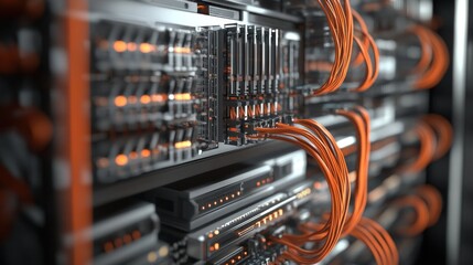 Close-up server rack with orange cables, data center interior