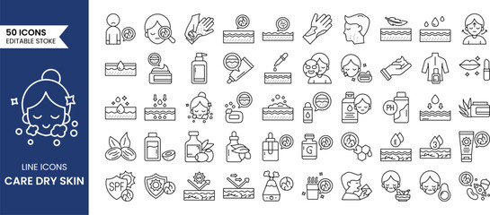 Care dry skin line editable icon set. Containing vitamin E, olive oil, sunscreen, collagen, serum drop and more. Vector illustration