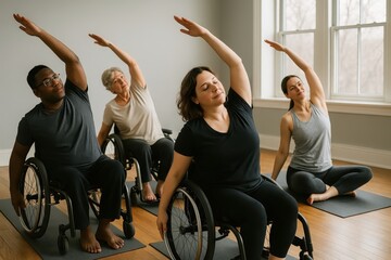 People with disability practicing yoga in a gym
