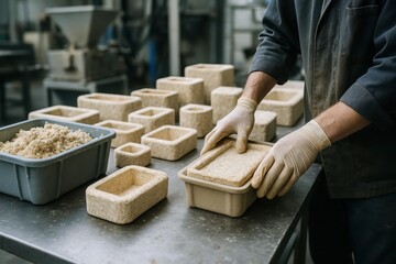 Factory worker assembling biodegradable packaging from mycelium in a sustainable production facility