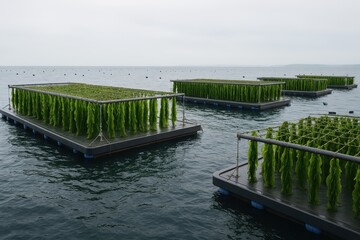 Kelp farming platforms floating on calm water, sustainable seaweed aquaculture