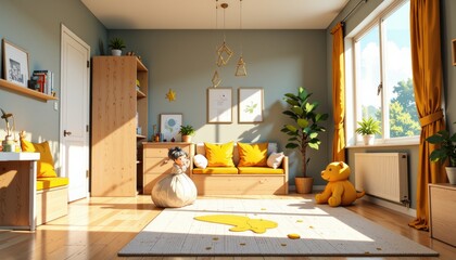 Bright kids playroom home design with light green walls, wooden floor, yellow curtains. Concept of kids playroom home design focuses on playful, inviting interior atmosphere.