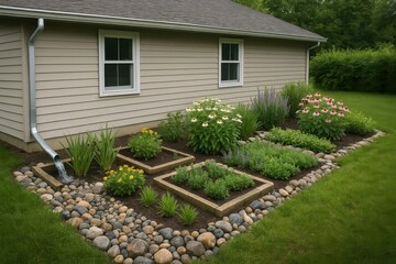 Rainwater harvesting system irrigating garden next to house
