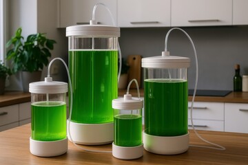 Photobioreactors with green algae growing in a modern kitchen