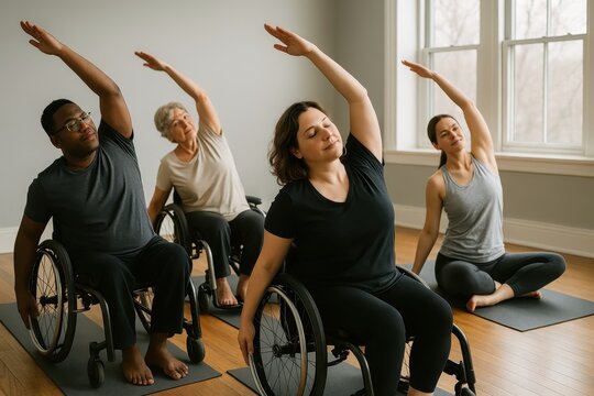People with disability practicing yoga in a gym - Powered by Adobe