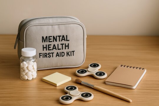 Mental health first aid kit with fidget toys and pills on wooden table