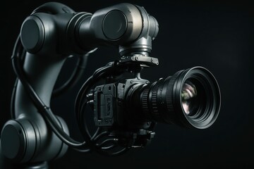 Robotic arm holding digital film camera on black background
