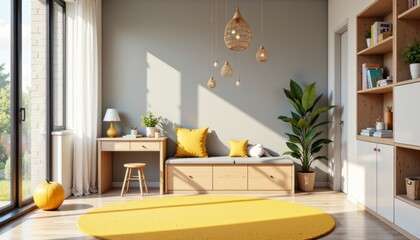 Bright kids playroom home design filled with natural light, featuring yellow rug, cozy bench, playful decor. Concept of kids playroom home design emphasizes comfort, creativity, interior.