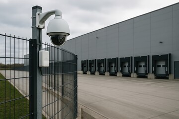 Security camera monitoring warehouse perimeter behind fence