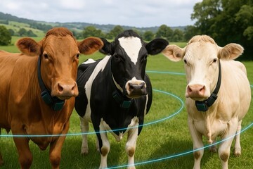 Cows wearing gps collars grazing in a green field