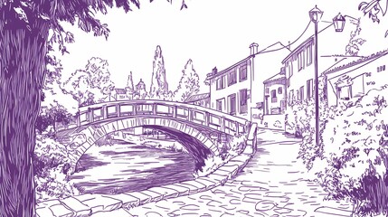 Hand-drawn sketch of a quaint European village scene.