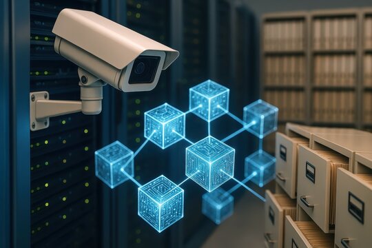 Security camera monitoring blockchain data archive in server room
