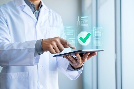 Doctor Using Digital Tablet for Medical Forms Review