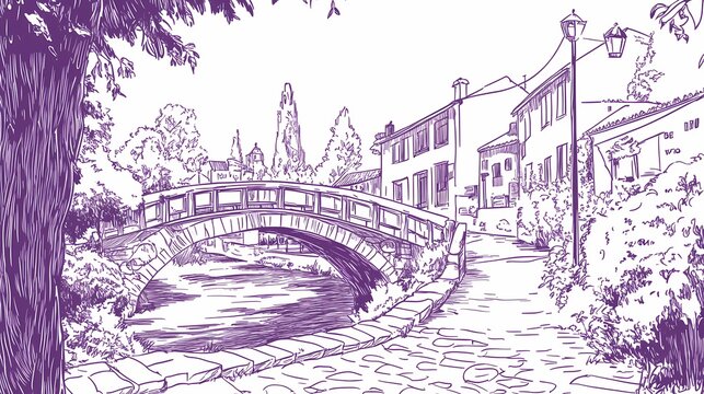 Hand-drawn sketch of a quaint European village scene.