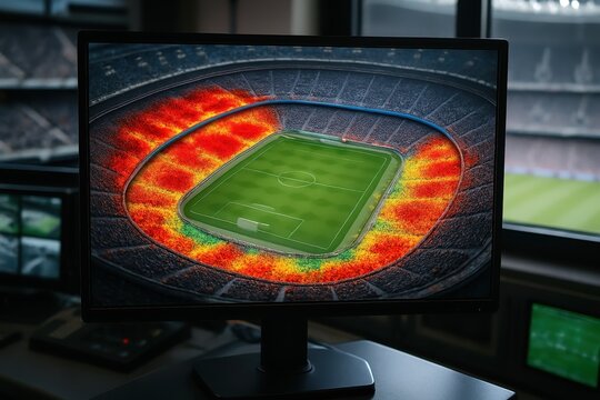Heatmap of fans cheering in a stadium during a soccer match displayed on a monitor