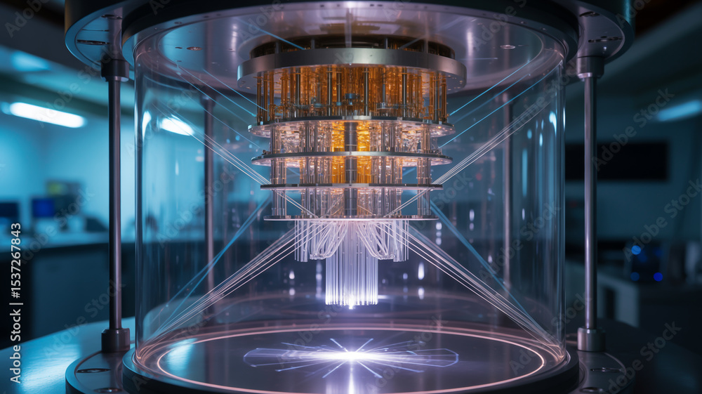Poster a complex quantum computer system with intricate wiring inside a cylindrical glass enclosure unit