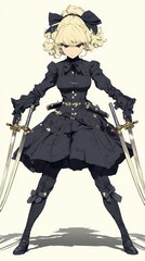 Female figure wielding swords.