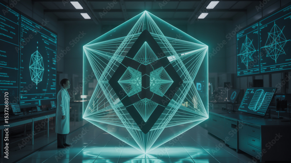 Poster a scientist observes a large holographic geometric structure in a laboratory setting with monitors