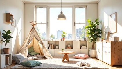 Bright sunlit kids playroom home design with large window, cozy atmosphere, wooden table, and teepee. Concept of kids playroom home design emphasizes modern, inviting interior.