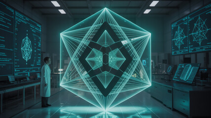 A scientist observes a large holographic geometric structure in a laboratory setting with monitors