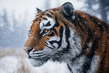 Close-up of a tiger in a snowy landscape