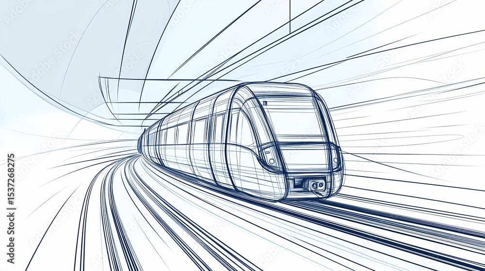 Poster detailed architectural sketch of a light rail train in motion within a tunnel.