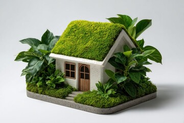 Miniature green roof house with lush greenery