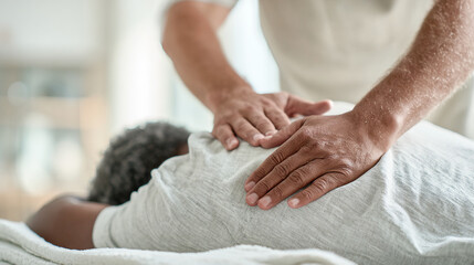Therapy session at chiropractor's office. Male therapist adjusting patient's back and neck lying down