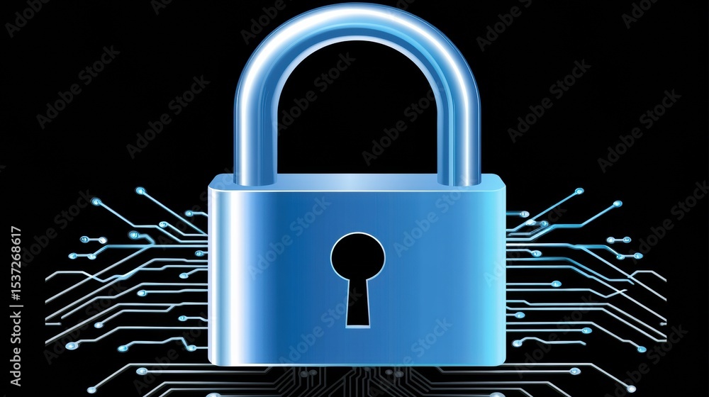 Poster a shiny blue padlock symbolizing digital security with circuit-like lines extending from its base on