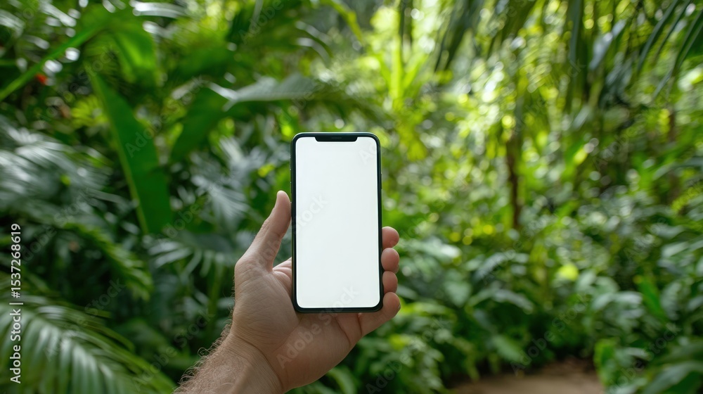 Poster smartphone displayed in lush tropical forest with blank screen for application ui mockup