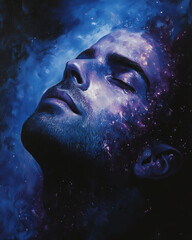 Man's face painted in dark blue and purple galaxy colors with glowing stars, studio lighting, sharp details