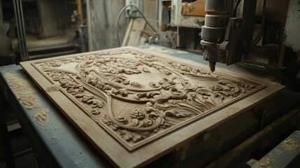 CNC wood carving machine, intricate design, workshop, sawdust