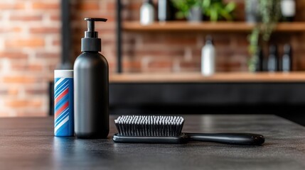 Black hairbrush and dispenser bottle on dark surface