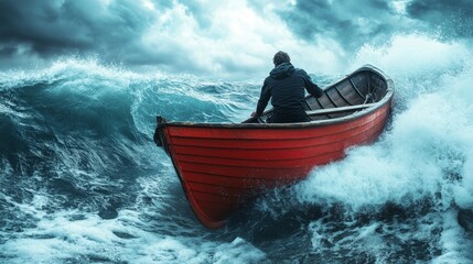 Man rowing small red boat during storm in rough sea