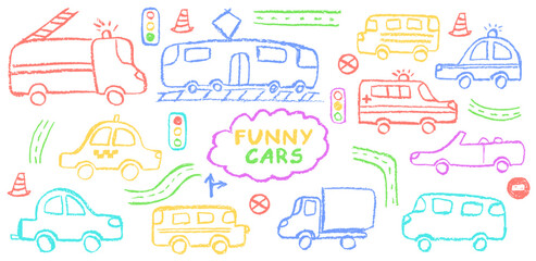 Funny cars set. Colorful vector drawing of vehicles including tram, taxi, police car, ambulance, fire truck, and convertible. Wax pastel and charcoal texture create a fun school or kindergarten vibe.