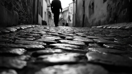 Cobblestone Alleyway; Person Walking; Historic Town; Grainy Background