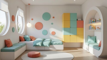Bright, colorful kids room interior design trends with round window, pastel walls, white bed, and playful decor. Concept of modern kids room interior design trends, fresh ideas.