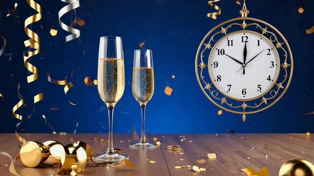 Champagne glasses stand on a table with fireworks exploding and a clock about to strike twelve.