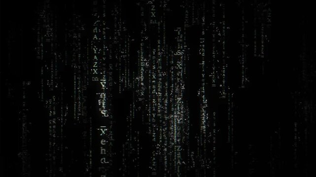 Abstract Matrix Motion Background. Encryption and digital security concept, flickering digital symbols. Cyber hacker attack data secure graphic user interface.