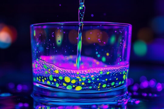 Ultra-detailed macro photo of fluorescent paint dispersing in water, trippy psychedelic patterns glowing under UV light, surreal fluid textures